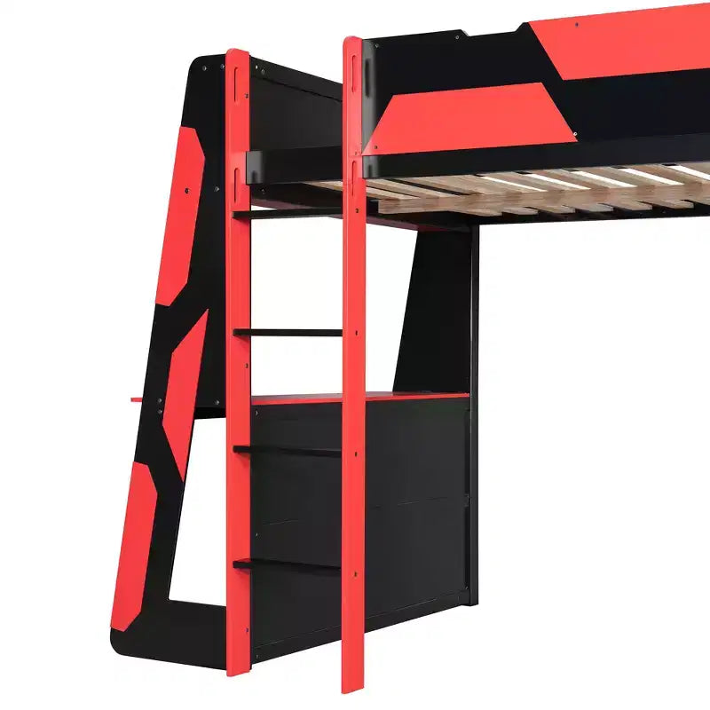 Luxystar großes Gaming-Hochbett mit Schreibtisch, Stauraumregalen und Beleuchtung