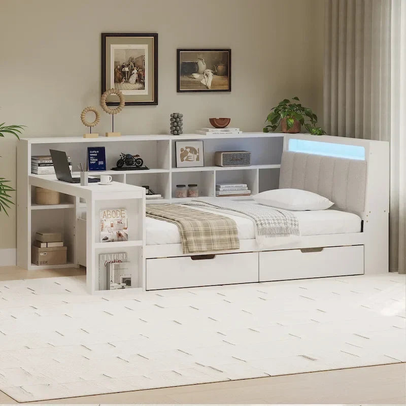 L-förmiges Holz-Sofa-Tagesbett mit Schreibtisch, Bücherregal-Schrank, Eckbett mit Schubladen unter dem Bett, gepolstertem Kopfteil und integrierter Beleuchtung