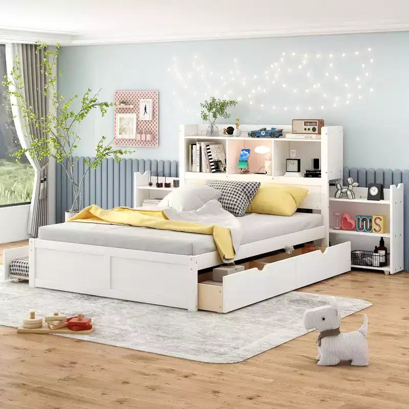 Eenpersoons platformbed met opbergruimte, uitschuifbed, boekenkasthoofdbord en oplaadstation, houten bedframe met planken en laden