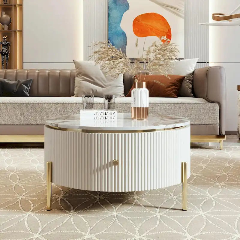 31.5 Modern Round Coffee Table with Large Drawer Storage