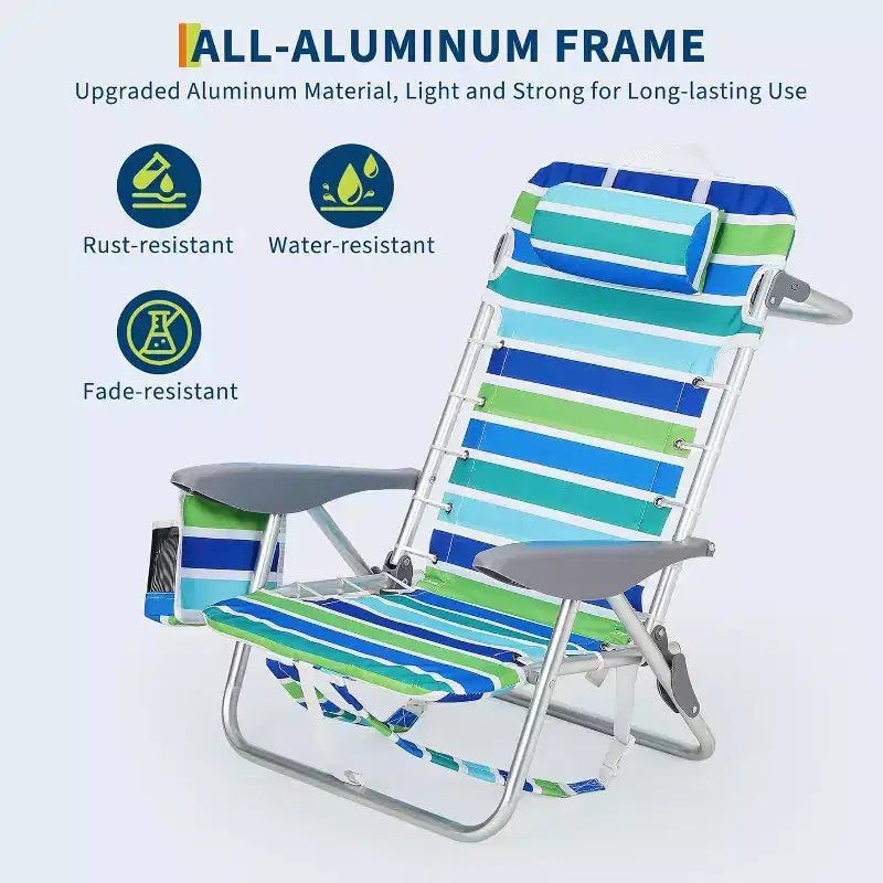 Acekool 2 Pack Lightweight Backpack Beach Chair, 5 Position Foldable Lay Flat Chair for Adults with Straps, Cup Holder & Towel Bar, Supports 300 lbs