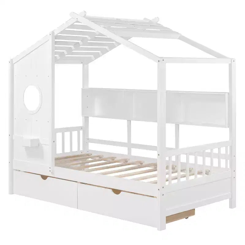 Holzhausbett in Twin-/Full-Größe mit 2 Schubladen, Kinderbett mit Ablagefach – ModernLuxe