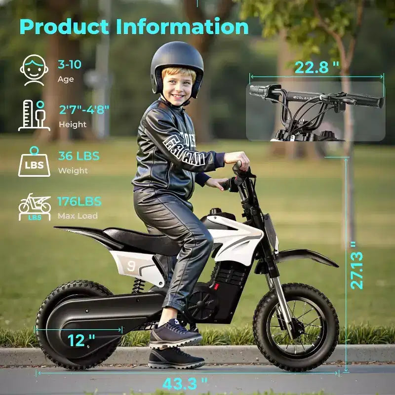 ECOLEAP K1 elektromos terepmotor gyerekeknek, 36 V, 16 MPH végsebesség, 14 mérföldes hatótáv, 700 W csúcsteljesítményű motor, 3 sebességfokozat, 12 terepgumi, UL, 3–10 éves korig