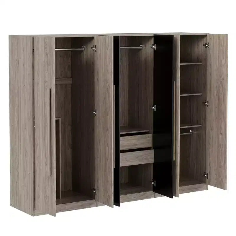 Szafa odzieżowa 83W z 6 drzwiami, garderobiana szafa do przechowywania z 2 szufladami, drążkami na ubrania i półkami, czarno-naturalna-ModernLuxe