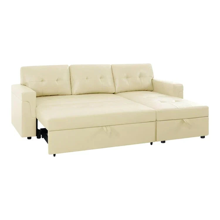 Divano componibile reversibile trasformabile con letto estraibile, chaise longue con contenitore nascosto e gambe resistenti