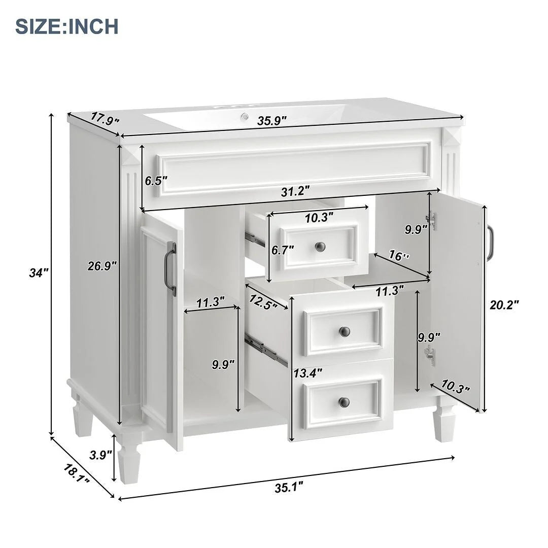 36'' Modern Bathroom Vanity with Top Sink and Mirror Cabinet,2 Doors and 2 Drawers