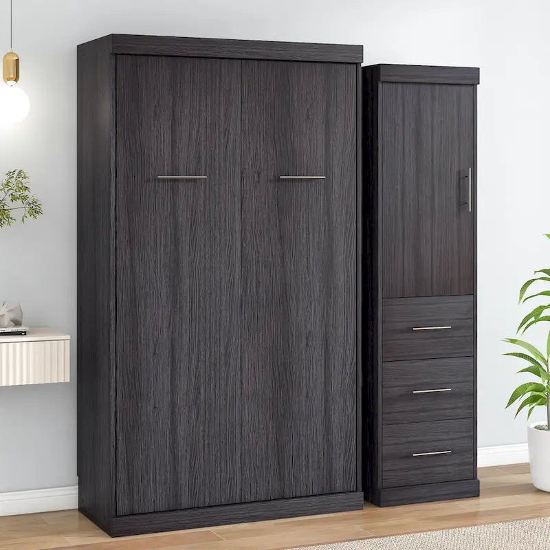 Gray Foldable Murphy Bed with Wardrobe & 3 Drawers, Full/Twin, 1-Person