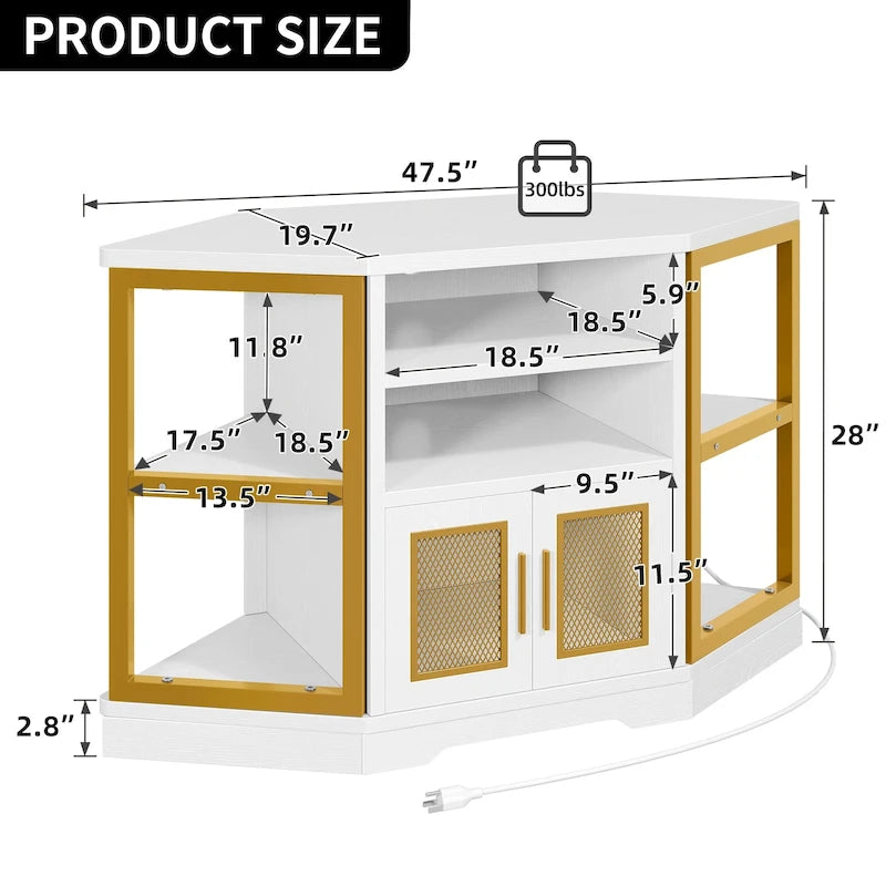 Meuble TV d’angle de style maison de campagne, centre de divertissement et console multimédia pour téléviseurs jusqu’à 55 po, avec prise électrique