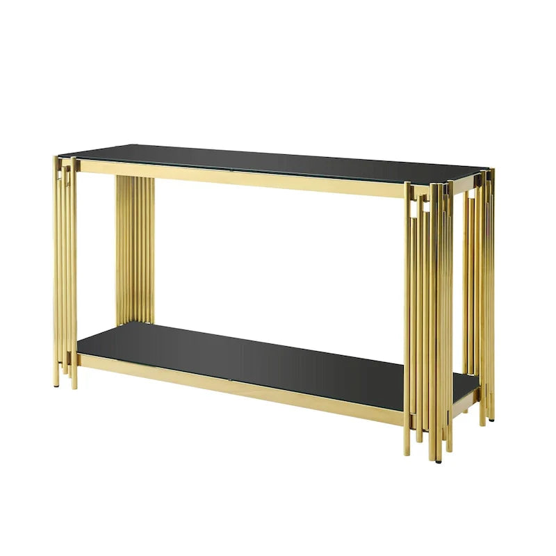 Console étroite à 2 niveaux avec structure en métal finition dorée et plateau en verre trempé
