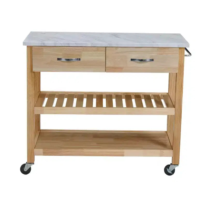 Rolling Kitchen Cart with Marble Top Solid Wood Kitchen Island Cart with 2 Drawers 3-Tier Kitchen Trolley with Lockable Detachable Wheels & Towel Rack
