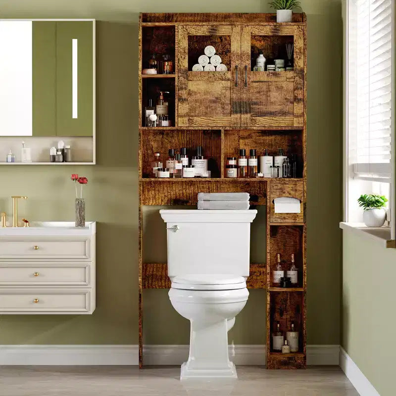 WC fölé szerelhető tárolószekrény – 171,2 cm magas, vidéki stílusú fürdőszobai rendszerező és tároló állítható polccal és üvegajtóval fürdőszobába, mosókonyhába