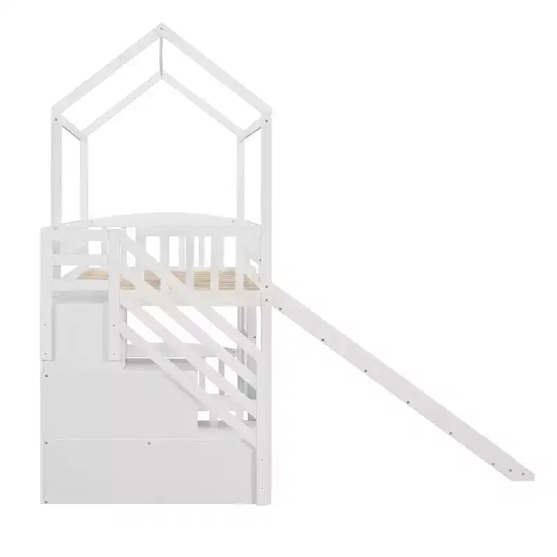 Twin House Loft Bed with Slide and Stairs, Loft Bed with Storage Drawers, Wood Cabin Loft Bed for Kids Toddlers