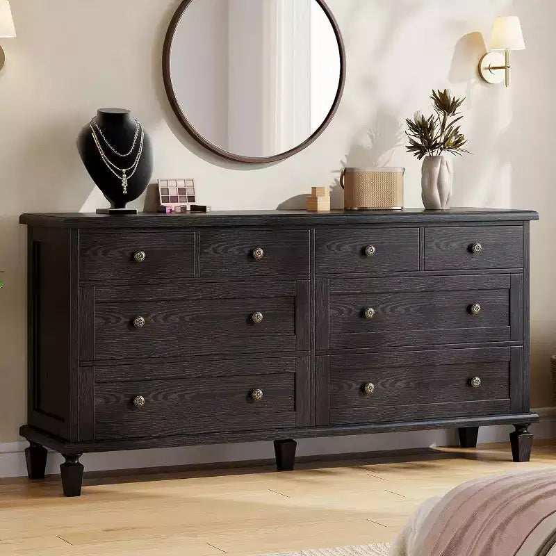 8 Drawer Dresser for Bedroom, Vintage 59 Dresser TV Stand with Carved Handles and Tapered Legs, Wood Chests of Drawers with Large Capacity Storage