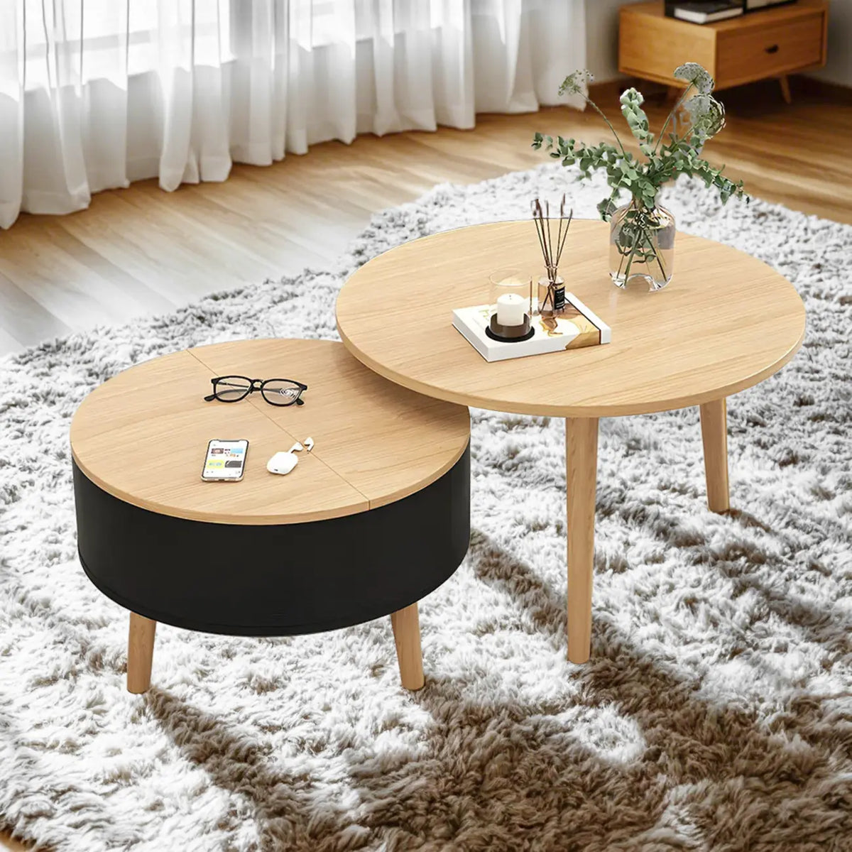 Black White Modern Round Wood Coffee Table with Storage