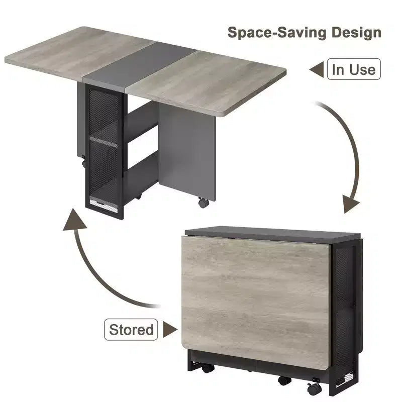 Inklapbare eettafel voor de keuken, ruimtebesparende eettafel, uitschuifbare keukentafel met neerklapbaar blad en 6 wielen voor kleine ruimtes