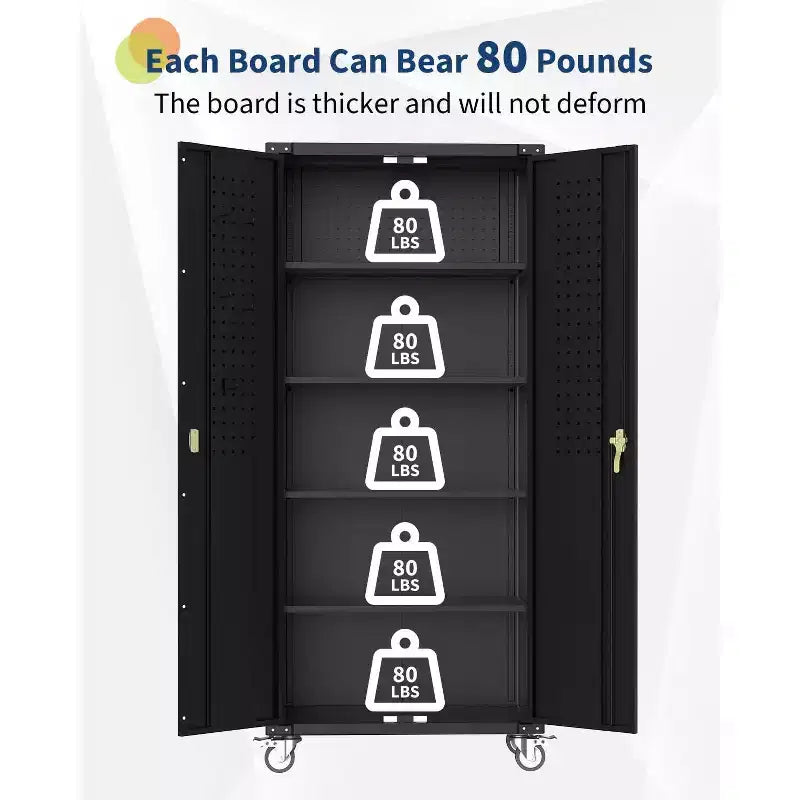 Garage Storage Cabinet with Wheels & Pegboard, 72 H Locking Metal Storage Cabinet with 2 Doors & 4 Adjustable Shelves for Garage Workshop