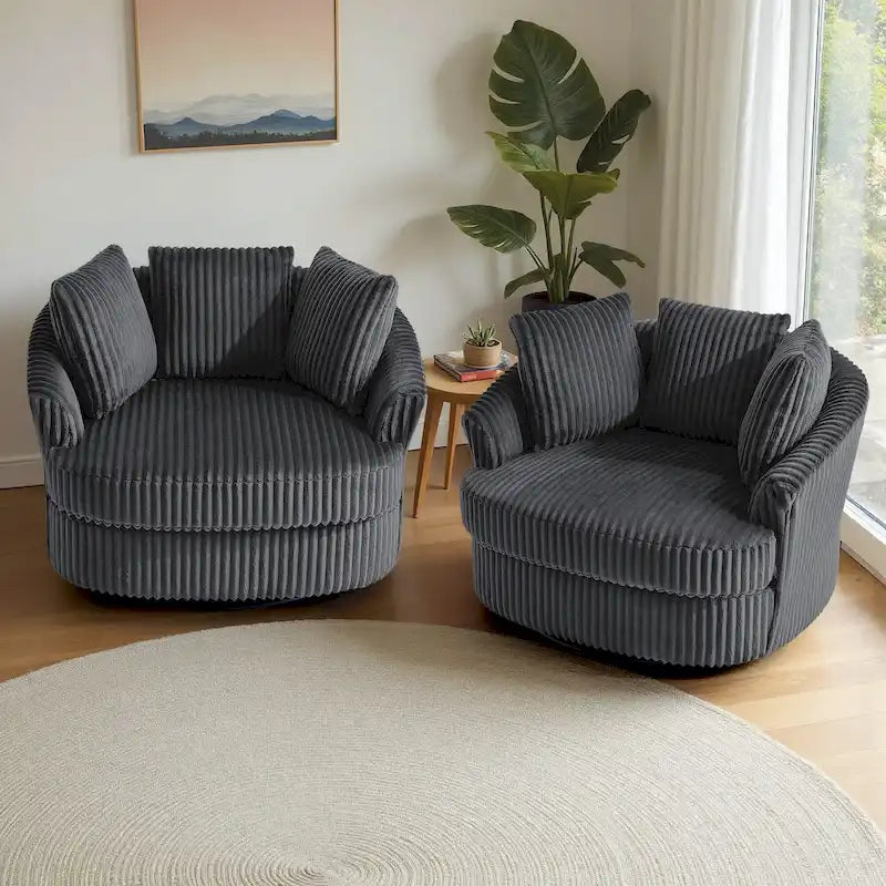 2er-Set übergroße 43 W Plüsch-Cordsessel mit Drehfunktion und Kissen
