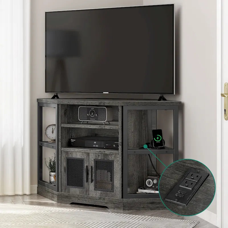 Meuble TV d’angle de style maison de campagne, centre de divertissement et console multimédia pour téléviseurs jusqu’à 55 po, avec prise électrique