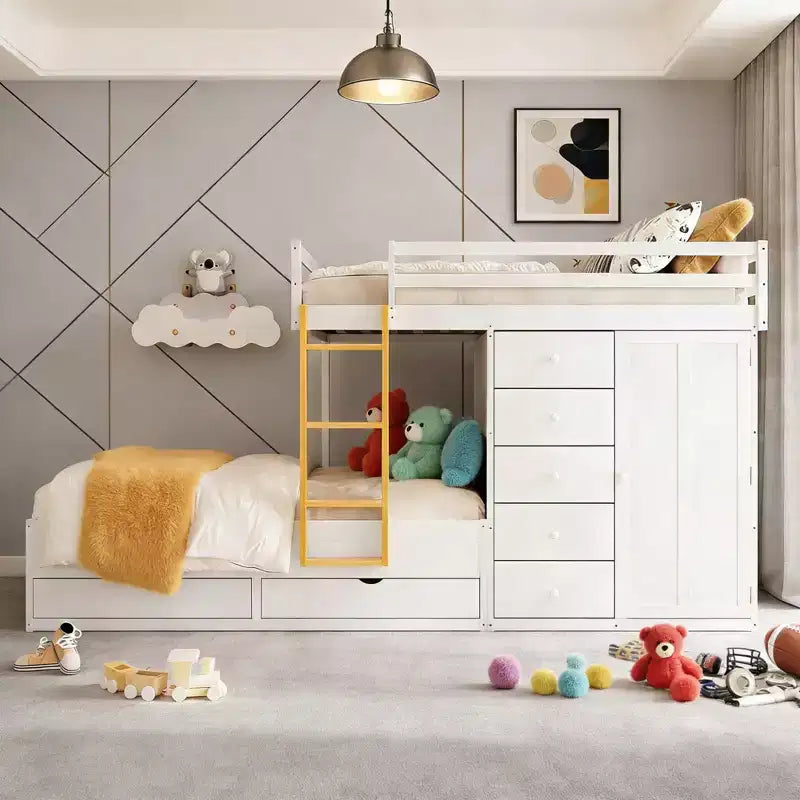 Modernes Etagenbett in voller Größe über voller Größe mit integriertem Kleiderschrank und 7 Stauschubladen