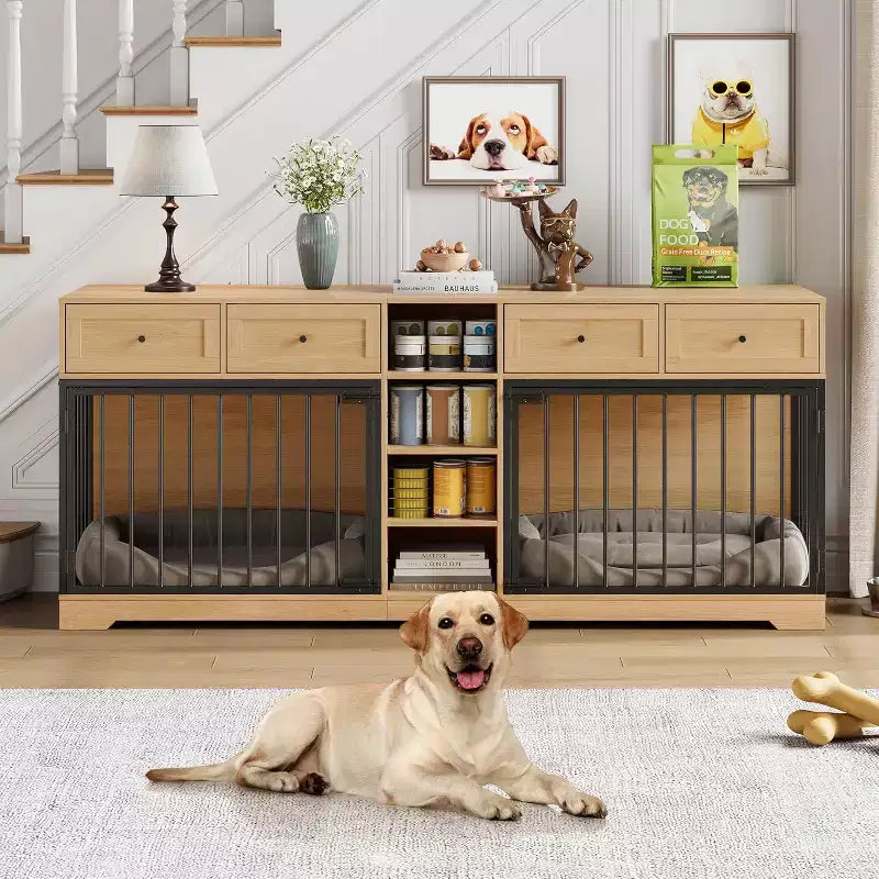 82 Double Dog Crate Furniture, Large Dog Kennel Indoor for 2 Dogs, Heavy Duty Wooden Dog Crate TV Stand with 4 Drawers and Shelves