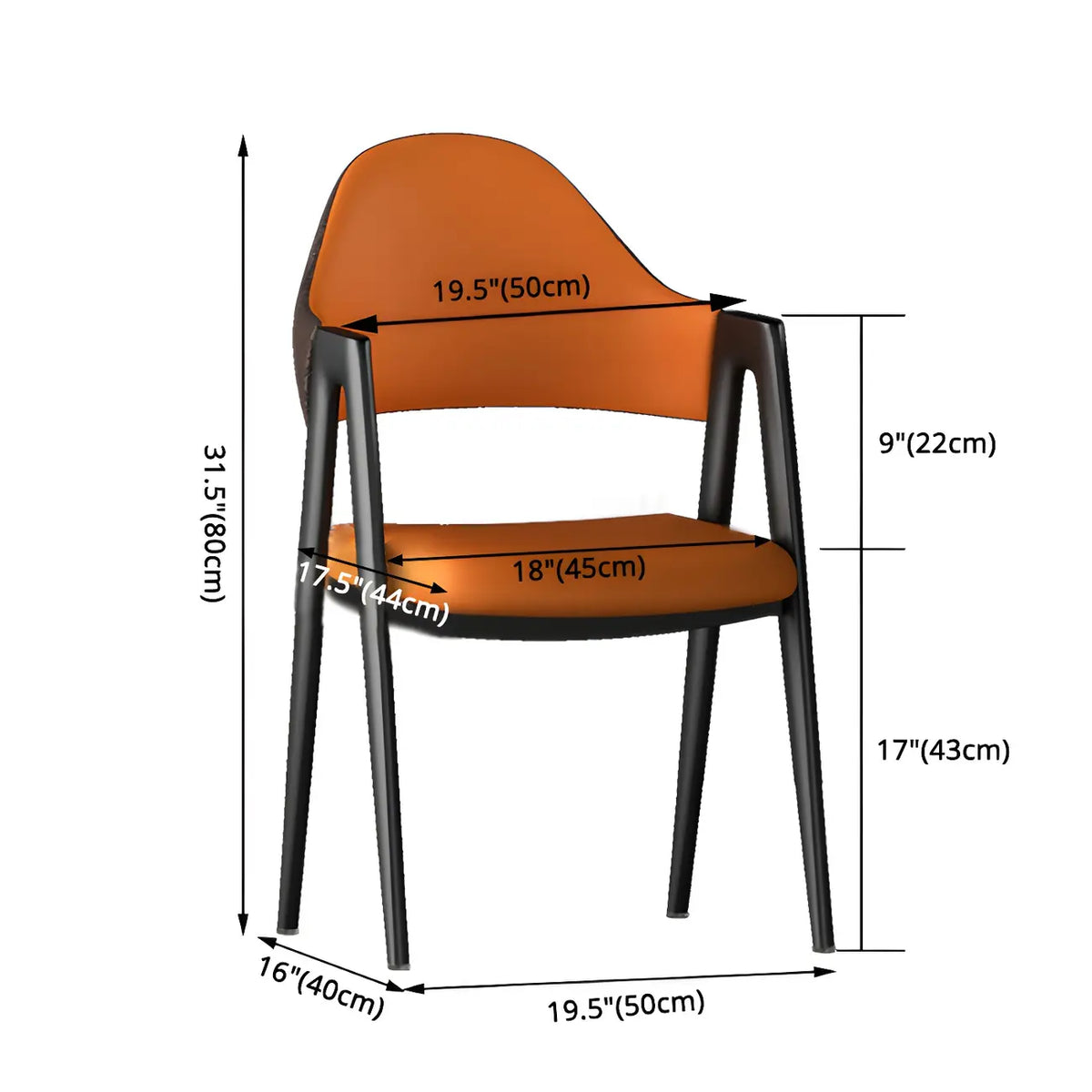 Moderne leren eetkamerstoel met gebogen open rugleuning en armleuningen