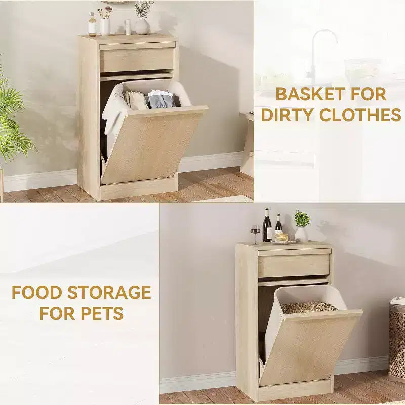 Tiltable Trash Can, Natural Oak, Trash Can with Storage and Drawer, Hidden Trash Cabinet, Laundry Basket for Kitchen, Dining Room, Living Room