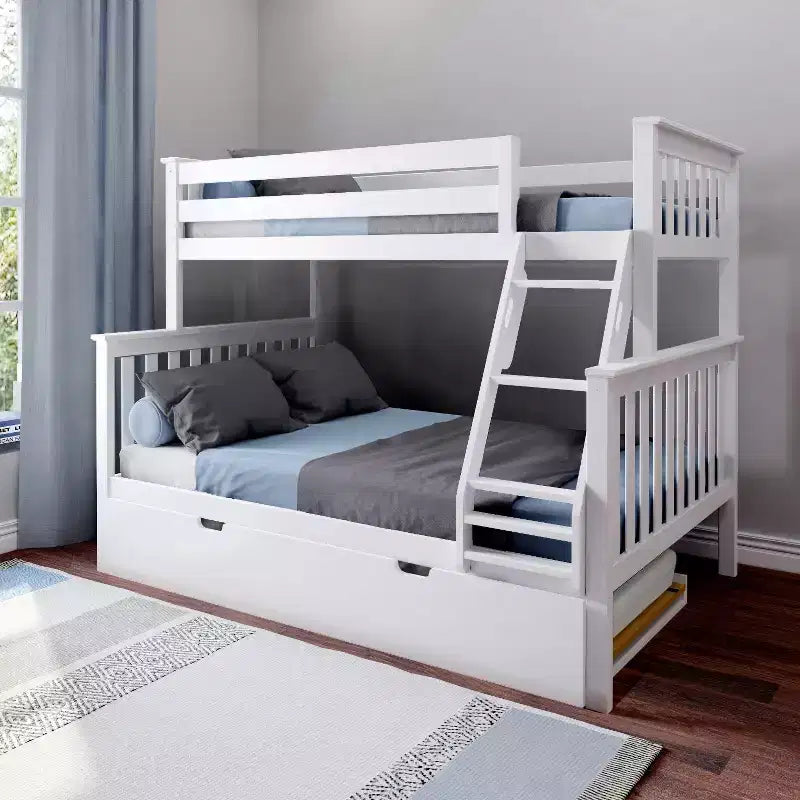 Letto a castello Max & Lily in legno massello, singolo sopra matrimoniale con letto estraibile contenitore e scaletta per bambini