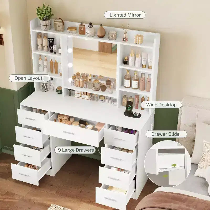 BALHAM TRADE-Vanity Desk with Mirror and Lights 9 Drawers 6 Shelves 3 Lighting Modes Adjustable Brightness