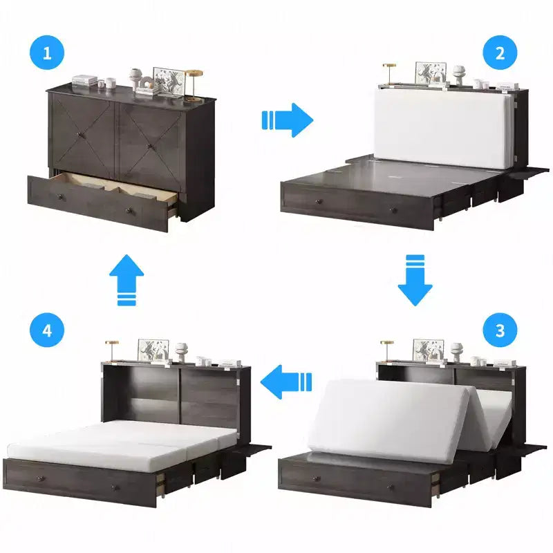 Cama abatible Mjkone tamaño queen, cama tipo armario cúbico con estación de carga y espacio de almacenamiento