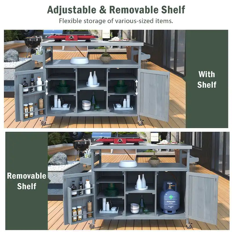 Isla de cocina para exteriores, carrito de bar con ruedas y gabinete de almacenamiento, mesa para parrilla de madera maciza con superficie de acero inoxidable, especiero y toallero