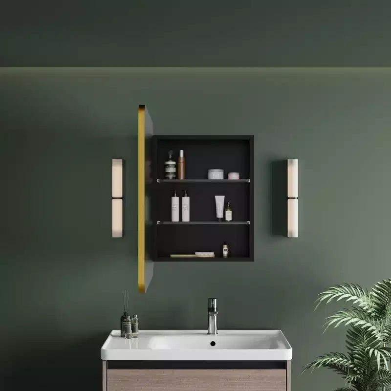 Schwarz/Weiß/Gold LED-Medizinschrank, eine Tür, Anschlag links oder rechts, zum Einbau oder zur Wandmontage