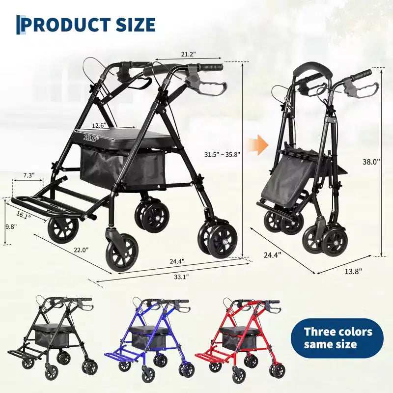 Silla de ruedas portátil plegable para adultos, capacidad de 299 lb, 6 ruedas, altura ajustable, almacenamiento bajo el asiento, asiento cómodo y reposapiés