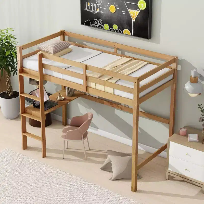 Okak Minimalism Loft Bed with Ladder, Rubber Wood Twin Loft Bed with Safety Guardrail and Build-In Desk, Bed Frames for Kids, Teenagers
